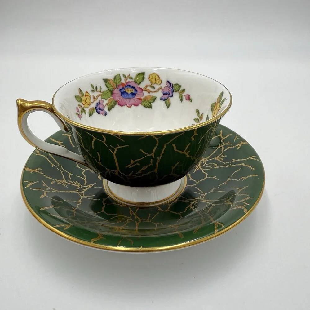 Aynsley Bone China Pembroke Pattern English Dark Green Floral Bird Crackle-like